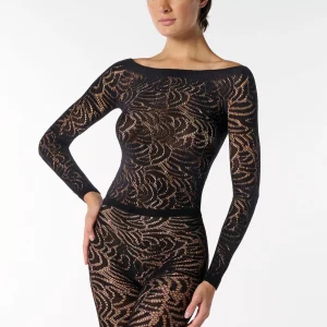 Maglia Manica Lunga a Rete con Motivo Fantasia Art Net - Nero