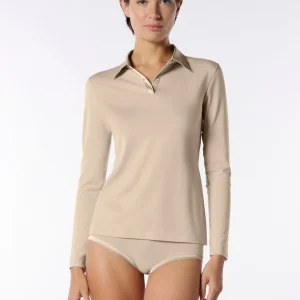 Maglia Polo Manica Lunga in Cotone e Modal Perfect Line Cotton - Sabbia