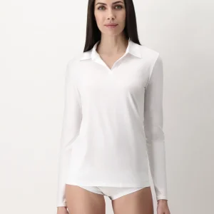 Maglia Polo Manica Lunga in Cotone e Modal Perfect Line Cotton - Bianco