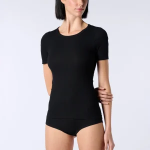 Maglia girocollo manica corta in Modal Elasticizzato Perfect Line Rib - Nero
