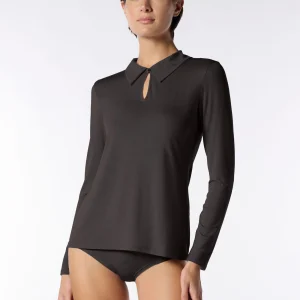 Maglia con Colletto Manica Lunga in Modal Elasticizzato Perfect Line Modal - Nero