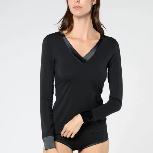 Maglia Scollo V Manica Lunga in Cotone e Modal Perfect Line Cotton - Nero